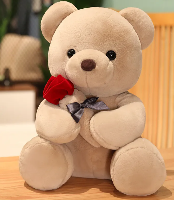 Plush White Teddy Holding Rose Pillow