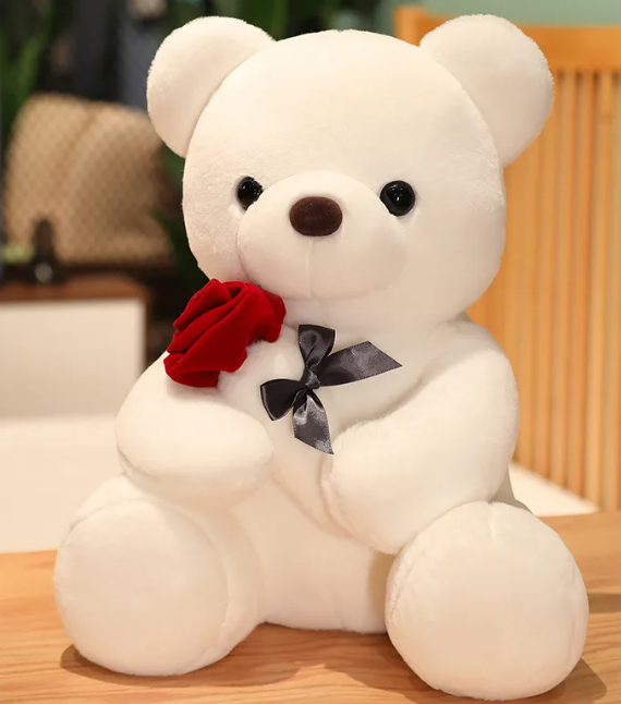 Plush White Teddy Holding Rose Pillow